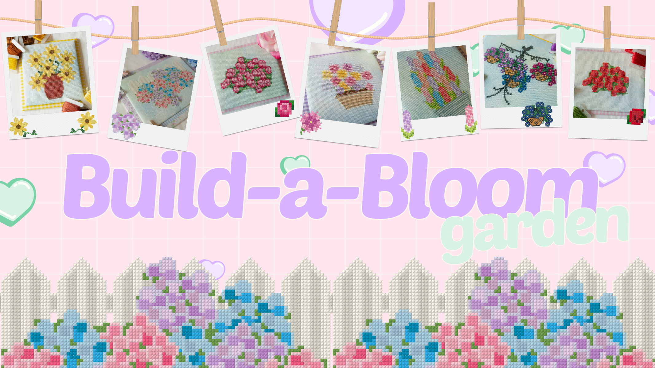 Promotional graphic for 'Build-a-Bloom garden' featuring a pink background, a row of sample cross-stitch style flower bouquets clipped to a string, and a large pixelated floral design at the bottom.