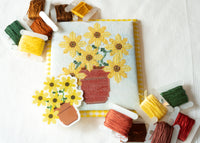 A square cross-stitch sampler featuring yellow sunflowers in a red pot, surrounded by spools of embroidery thread in yellow, green, brown, red, and orange on a white fabric background.