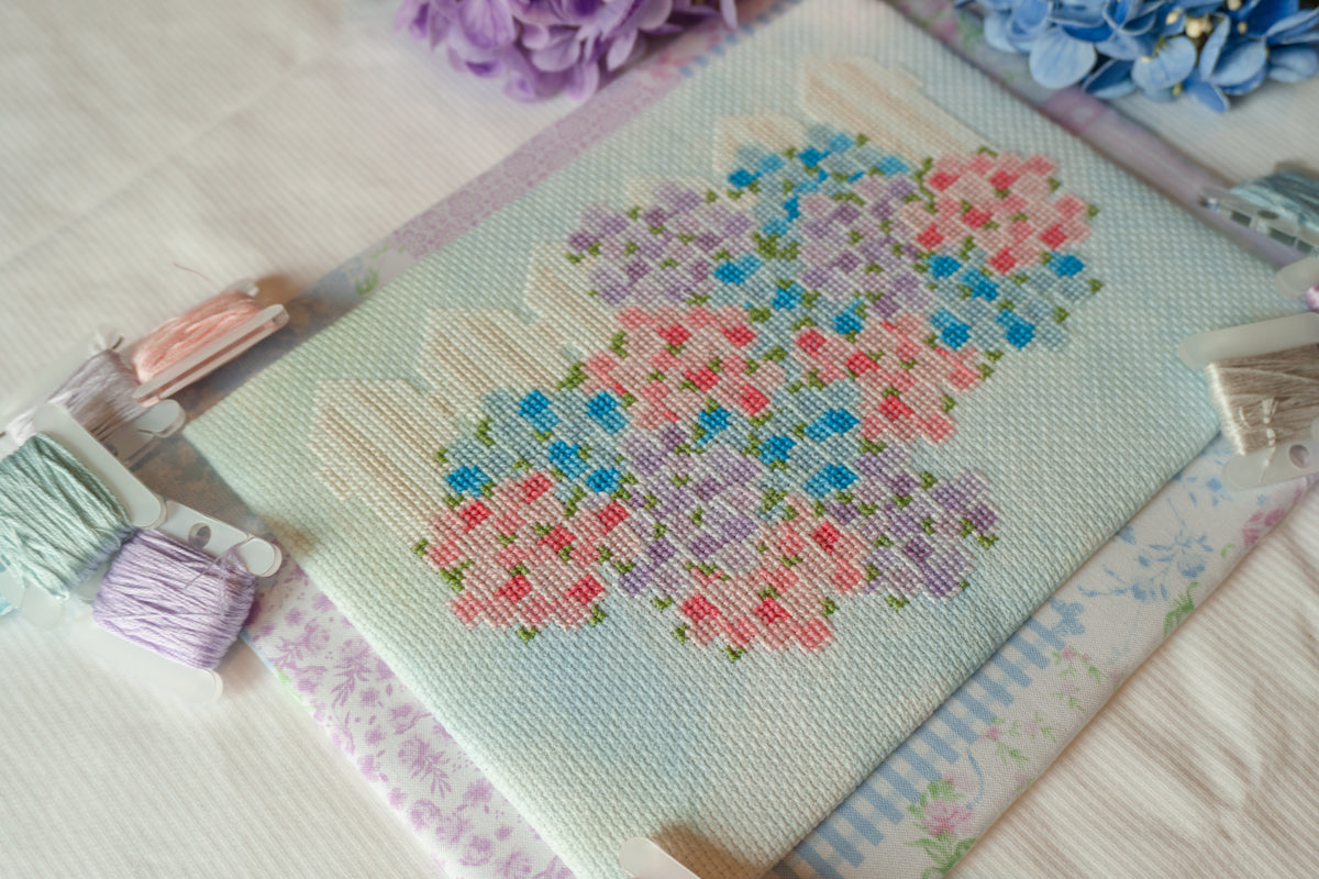 A close-up of a cross-stitch embroidery piece featuring a pastel floral design on a mint green fabric background, surrounded by spools of thread and floral decorations on a white textured fabric surface.