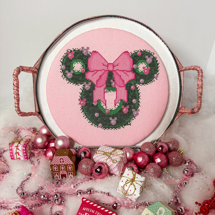 Pink Mouse Christmas Wreath Cross-Stitch Pattern