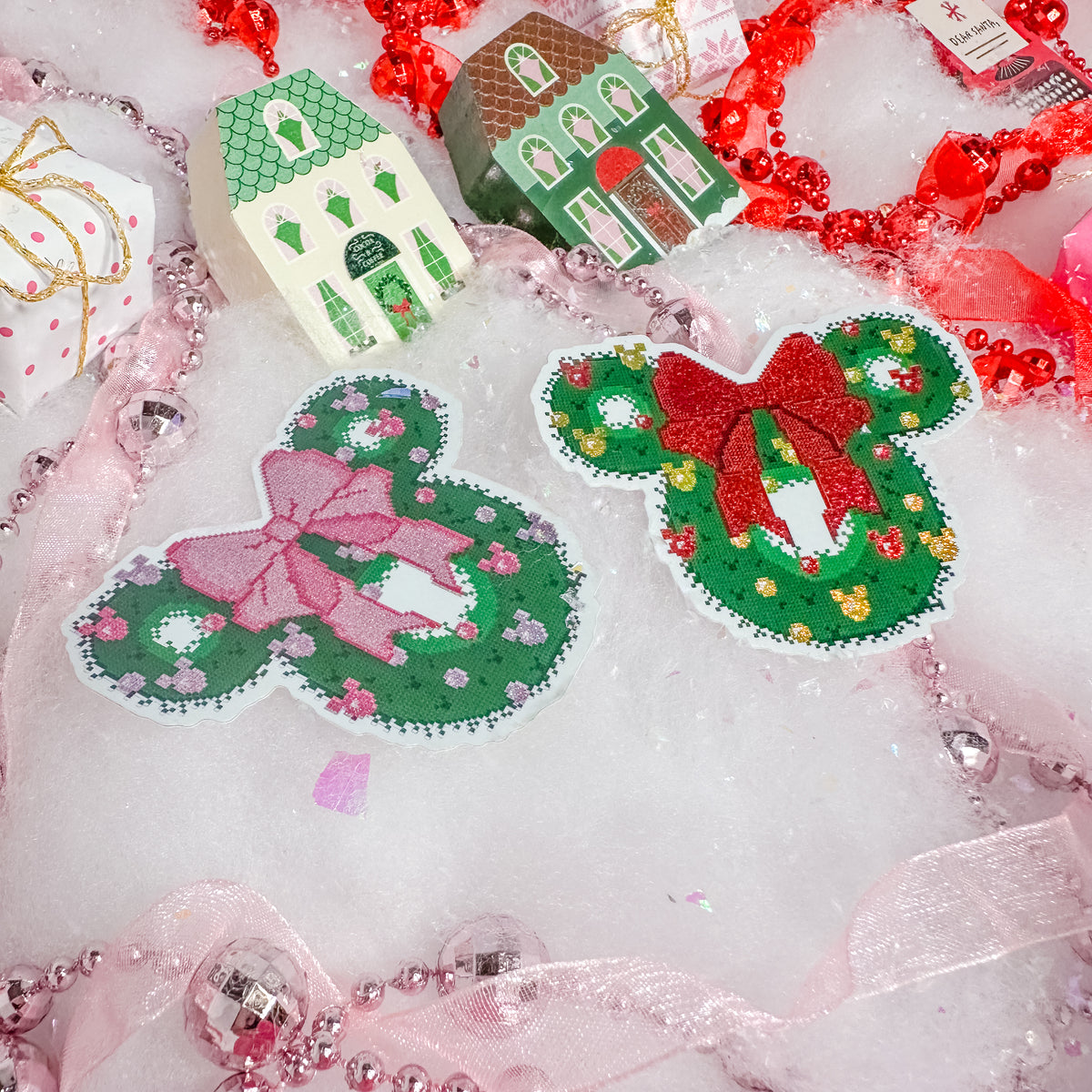 Pink and Red Mouse Wreath Christmas Sticker Bundle