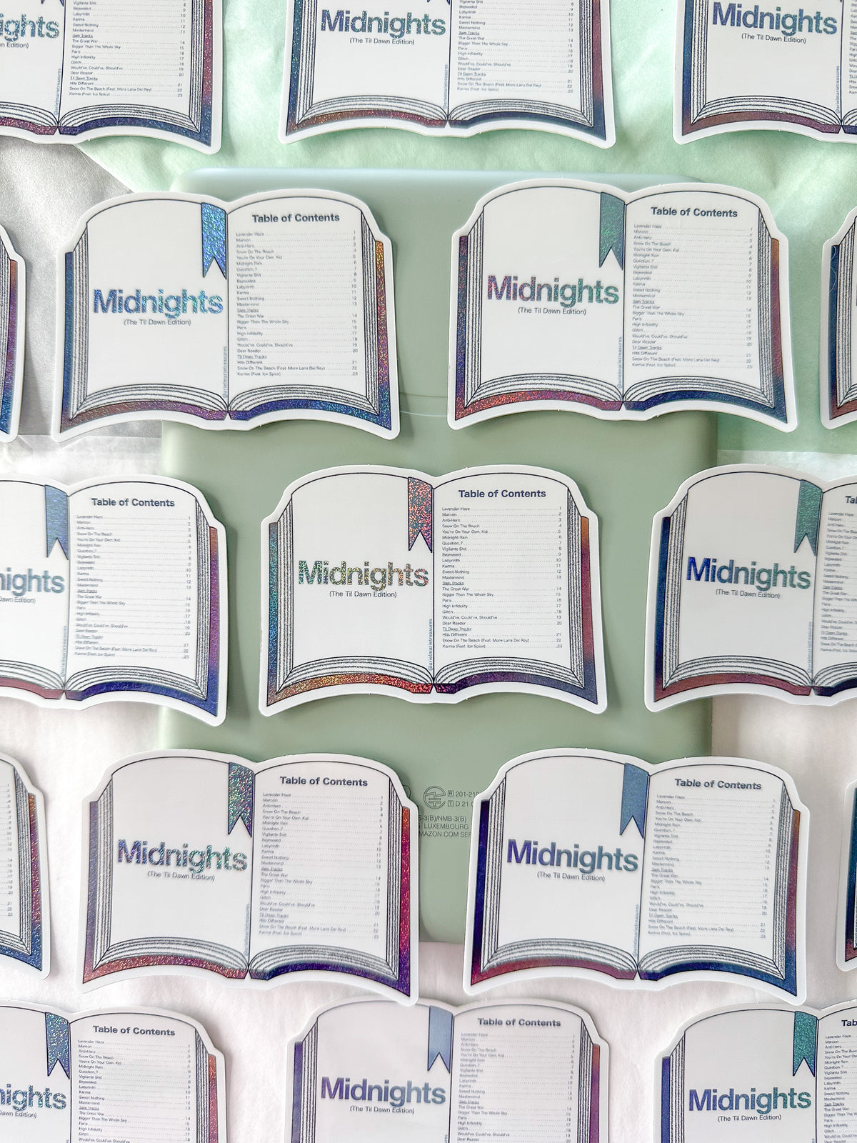 A repeating pattern of book-shaped table of contents cards printed with the title "Midnights" and a list of chapters, arranged on a pale mint green background.