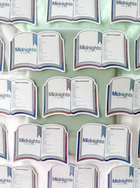 A repeating pattern of book-shaped table of contents cards printed with the title "Midnights" and a list of chapters, arranged on a pale mint green background.