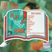 A die-cut sticker shaped like an open book titled "The Life of a Showgirl," featuring a teal and white cover with red and white typography and an orange-red border, shown against a blurred green-and-white vintage poster background. A small "Table of Contents" page is printed on the right page.